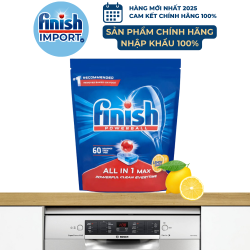 Túi 60 viên rửa chén Finish All in 1 Max – (10x tính năng Hương Chanh) – (Dành cho máy rửa chén 9-10-12-13 bộ trở xuống).